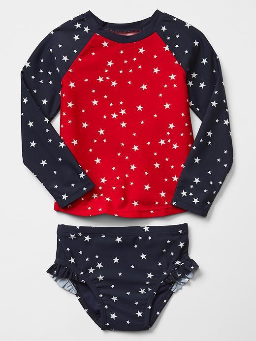 Gap Starry Rashguard Ruffle Trim Swim Two Piece - White Star Print