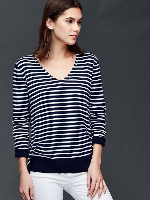 Gap Stripe V Neck Sweater - Navy Stripe