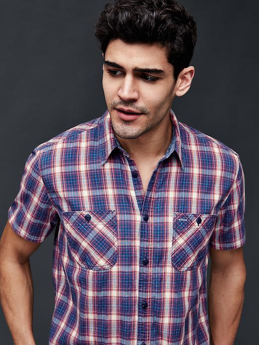Gap Men 1969 Icon Worker Denim Plaid Standard Fit Shirt - Red Plaid