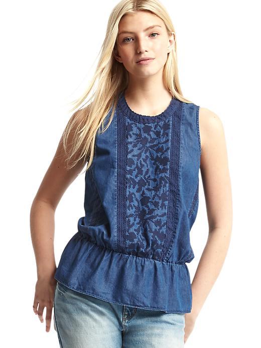 Gap Women 1969 Denim Embroidered Peplum Tank - Dark Indigo