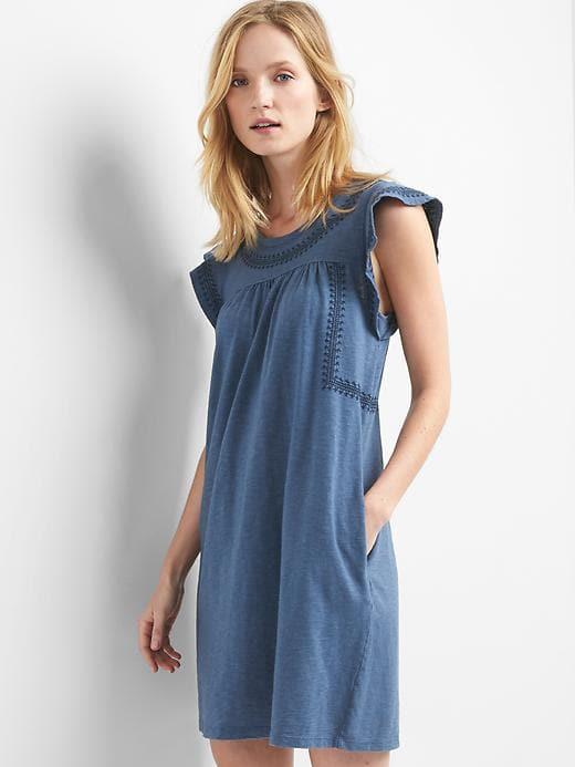Gap Embroidered Slub Jersey Swing Dress - Chrome Blue