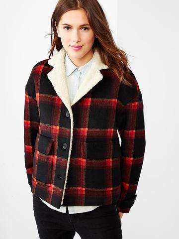 Gap Women Plaid Sherpa Lined Jacket - Orange Plaid