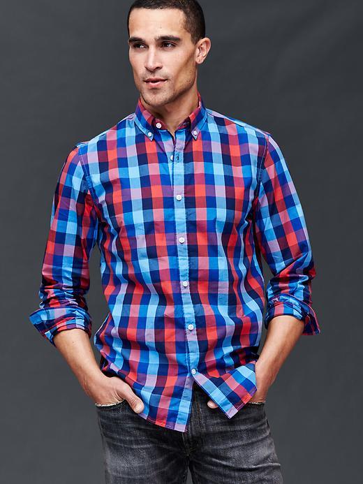 Gap Men True Wash Large Gingham Slim Fit Shirt - Red