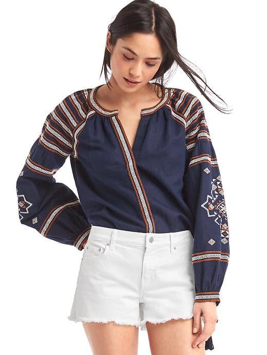 Gap Women Linen Cotton Embroidered Tassel Blouse - Dark Night