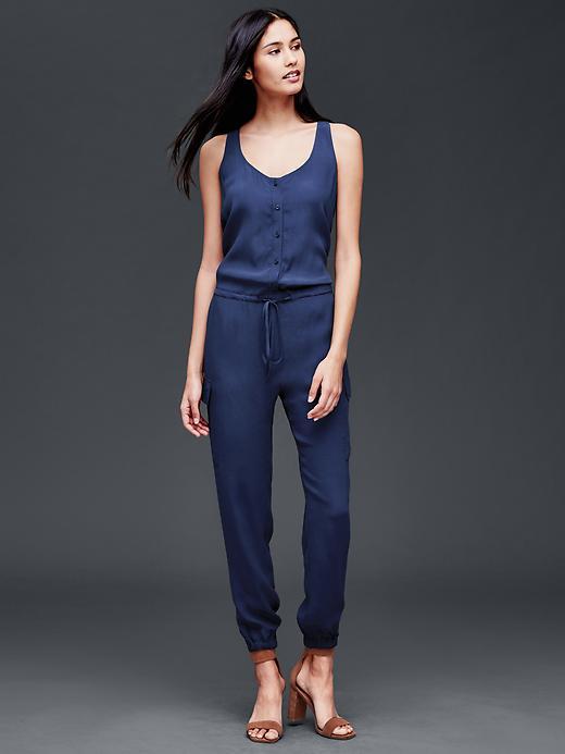Gap Women Print Cargo Jumpsuit - Comet Blue