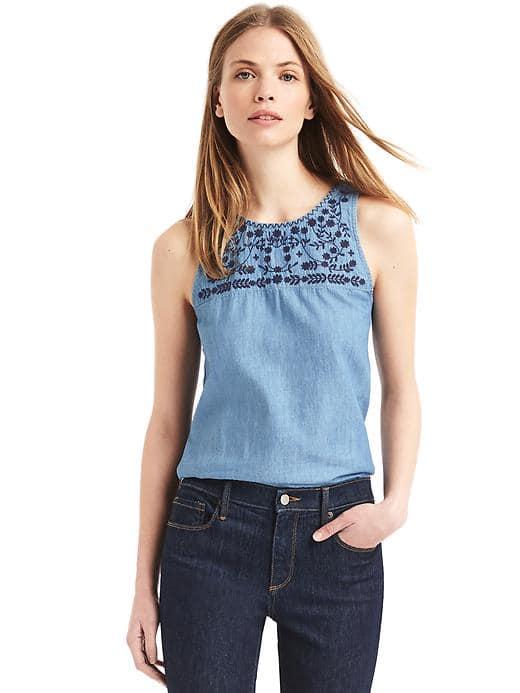 Gap Women Embroidery Denim Racerback Tank - Medium Indigo