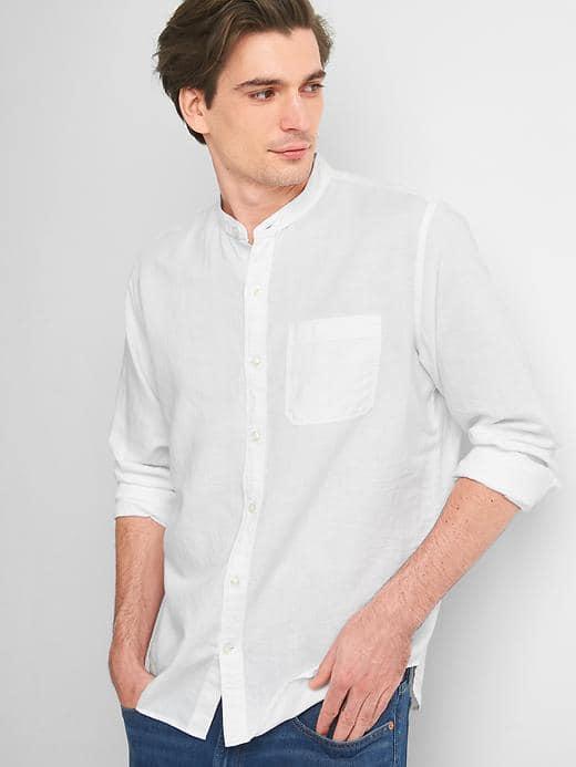 Gap Women Linen Cotton Band Collar Standard Fit Shirt - White