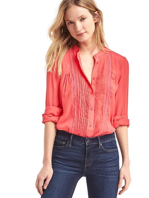 Gap Women Lace Panel Pintuck Dobby Blouse - Rosehip