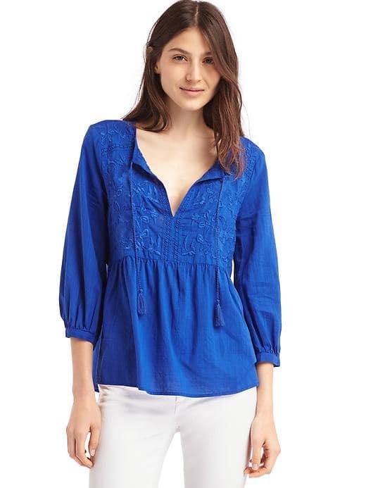 Gap Women Embroidery Tassel Split Neckline Top - Active Blue