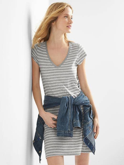 Gap Women Stripe V Neck T Shirt Dress - Gray Stripe