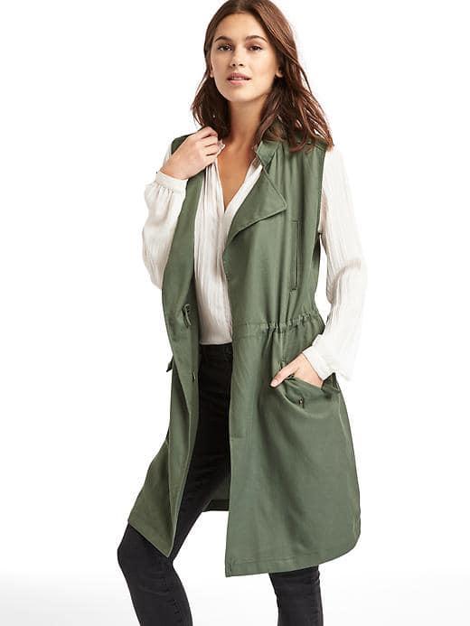 Gap Women Long Tencel Trench Vest - Cool Olive