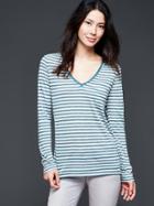 Gap Women Long Sleeve Stripe V Neck Pocket Tee - Green Stripe