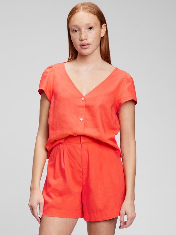 Linen Blend V-neck Button-front Shirt