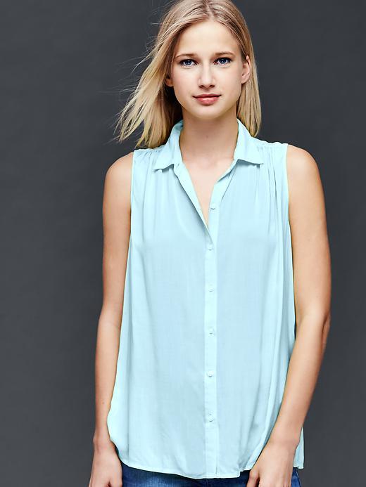 Gap Women Sleeveless Shirred Shirt - Pacific Mist