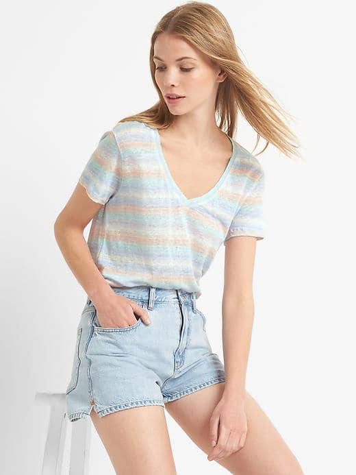 Gap Women Linen V Neck Slim Tee - Pastel Stripe