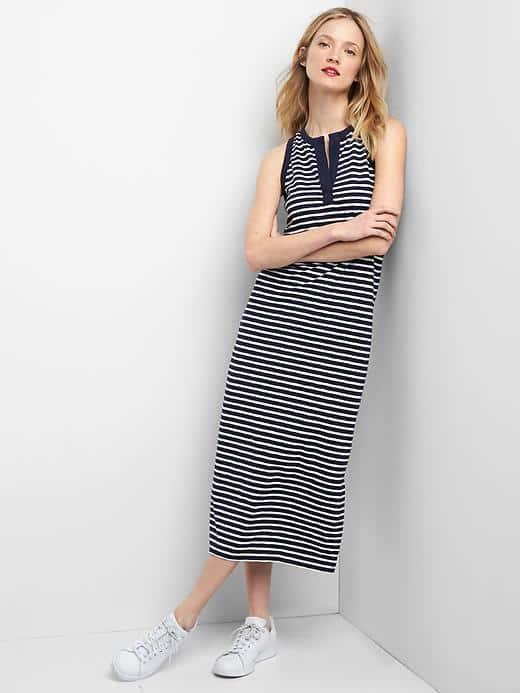 Gap Women Sleeveless Split Neck Maxi Dress - Blue Stripe