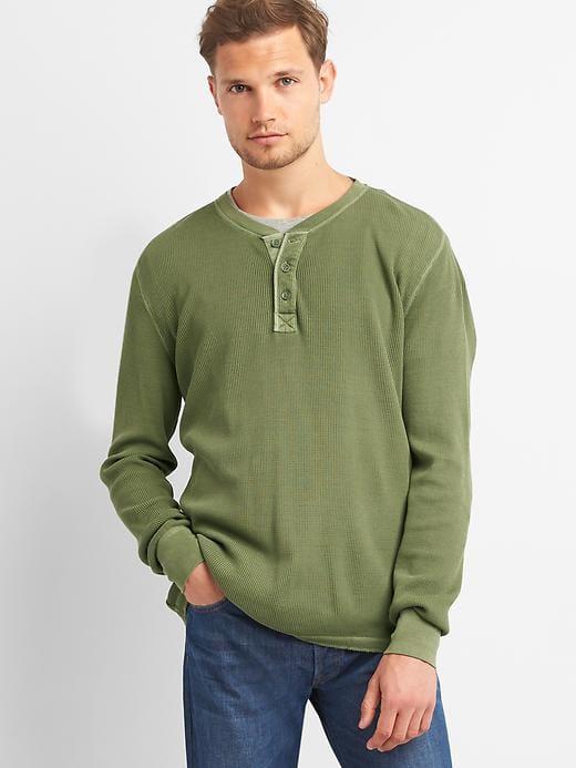 Gap Men Garment Dye Waffle Knit Henley - Desert Cactus