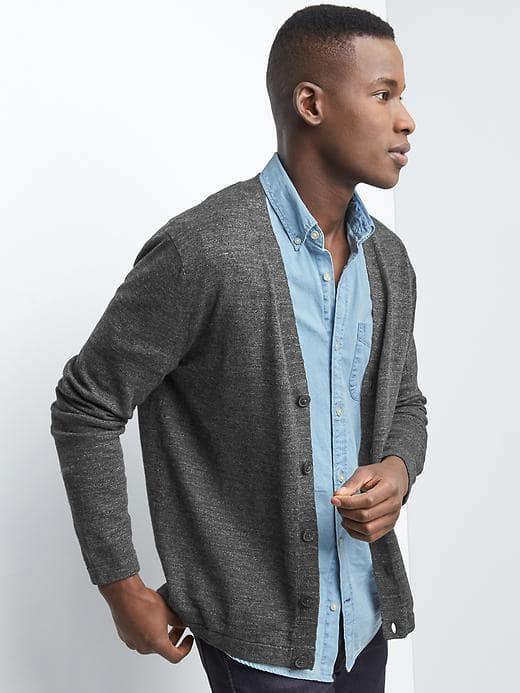 Gap Men Cotton Linen V Neck Cardigan - Soft Black