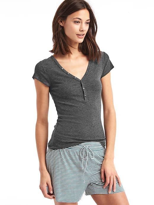 Gap Women Rib Knit Short Sleeve Henley - Charcoal Heather