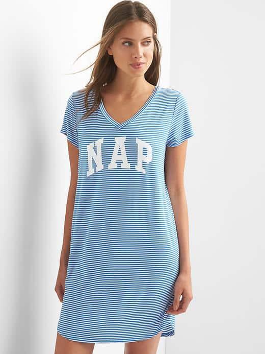 Gap Women Slogo V Neck Graphic Sleep Dress - Skipper Blue Stripe