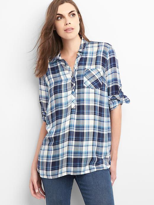 Gap Women Plaid Twill Convertible Shirt - Blue Plaid