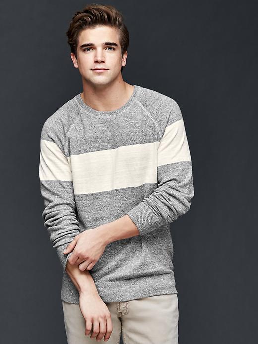 Gap Men Linen Cotton Chest Stripe Crew Pullover - Gray Stripe