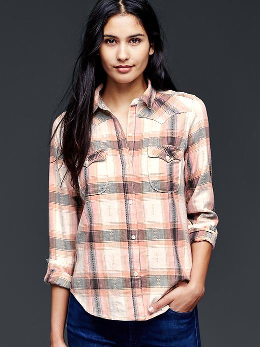 Gap Women Flannel Slim Western Shirt - Brown & Pink Plaid