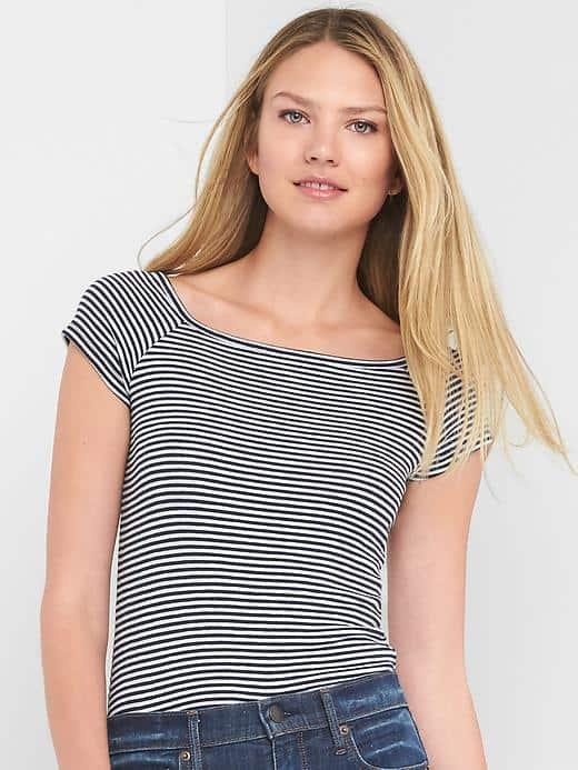 Gap Women Stripe Ribbed Square Neck Tee - Navy & White Stripe