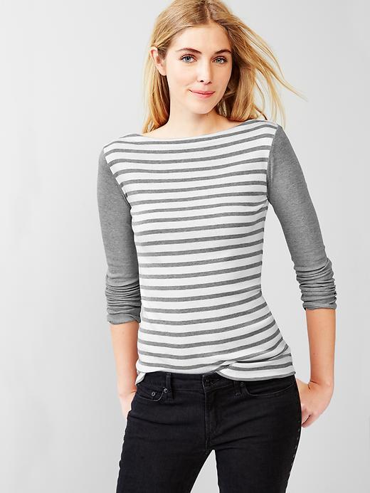 Gap Women Supersoft Stripe Boatneck Tee - Gray Stripe