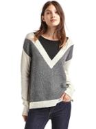 Gap Women Merino Wool Blend Colorblock V Stripe Sweater - Snow Cap