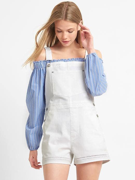 Gap Women Denim Eyelet Shortalls - White Denim