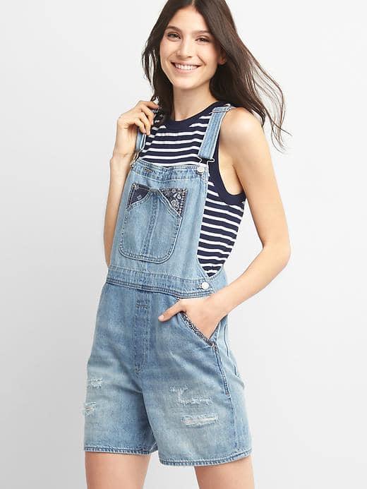 Gap Women Pocket Distressed Shortalls - Light Indigo