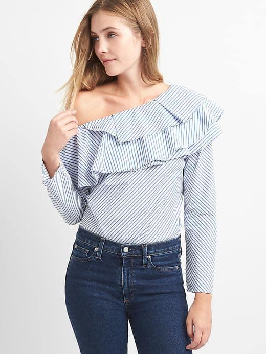 Gap Women One Shoulder Ruffle Top - Cool Blue Stripe