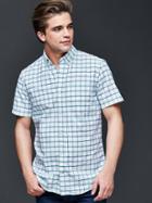 Gap Men Oxford Windowpane Short Sleeve Standard Fit Shirt - Seaport Turquoise
