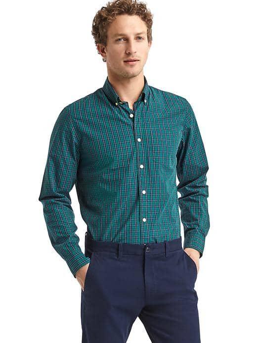 Gap Men Stretch Poplin Tartan Standard Fit Shirt - Green Pine