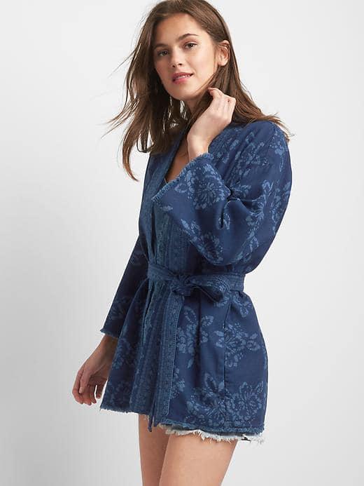 Gap Women Indigo Floral Wrap Jacket - Navy Floral