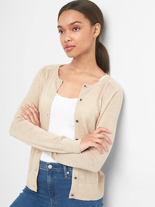 Gap Women Merino Wool Crewneck Cardigan - Oatmeal Heather
