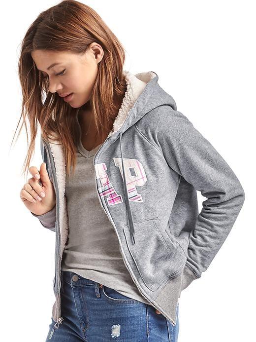 Gap Women Plaid Logo Sherpa Zip Hoodie - Heather Grey