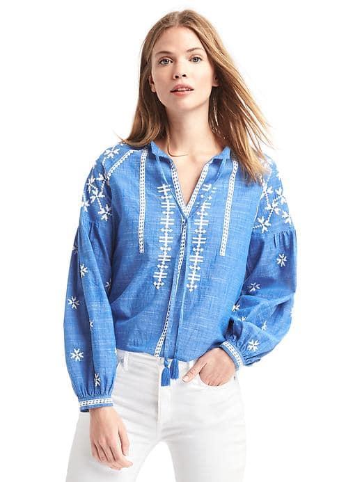 Gap Women Embroidered Split Neck Blouse - Blue