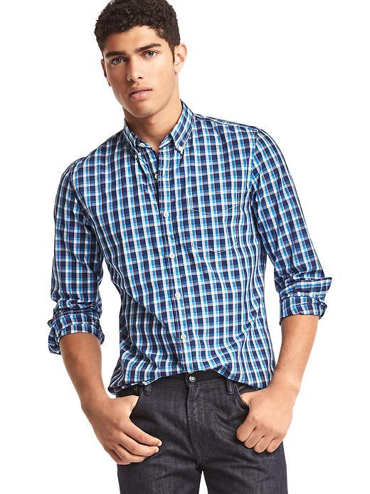 Gap Men True Wash Bold Plaid Slim Fit Shirt - Comet Blue