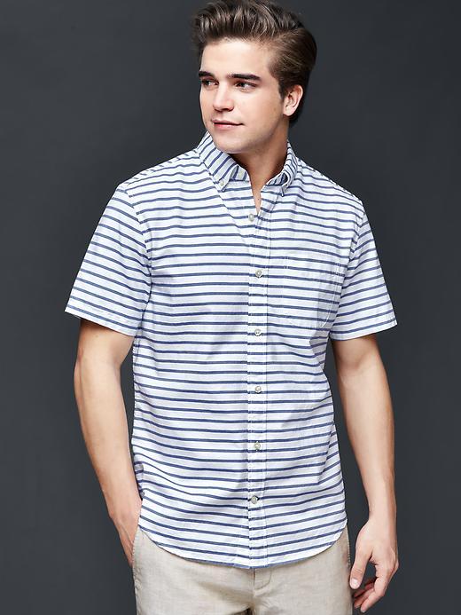 Gap Men Oxford Horizontal Stripe Short Sleeve Standard Fit Shirt - Imperial Blue