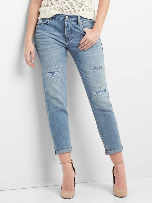 Gap Women Mid Rise Relaxed Boyfriend Patch Jeans - Medium Indigo