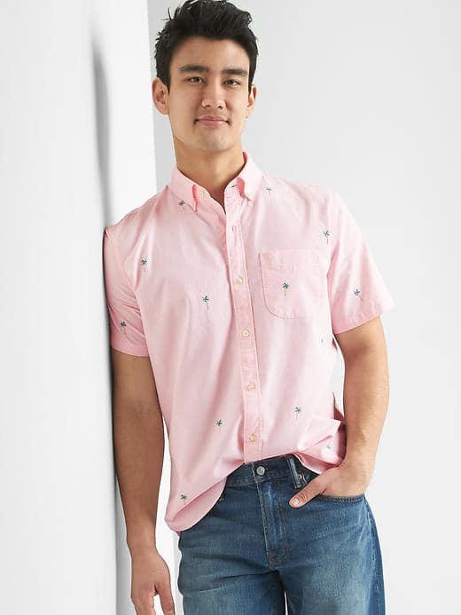 Gap Men Oxford Embroidery Short Sleeve Standard Fit Shirt - Light Pink