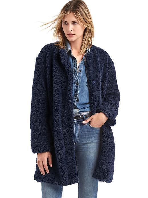 Gap Women Cozy Sherpa Collarless Coat - Dark Night