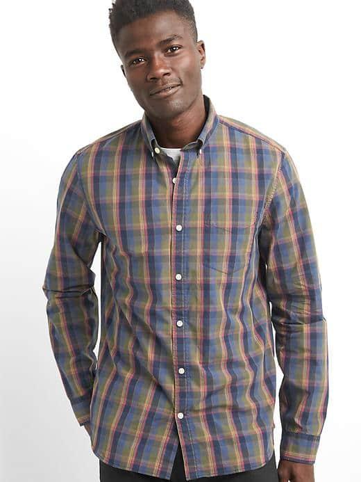 Gap Men Poplin Plaid Slim Fit Shirt - Black Moss