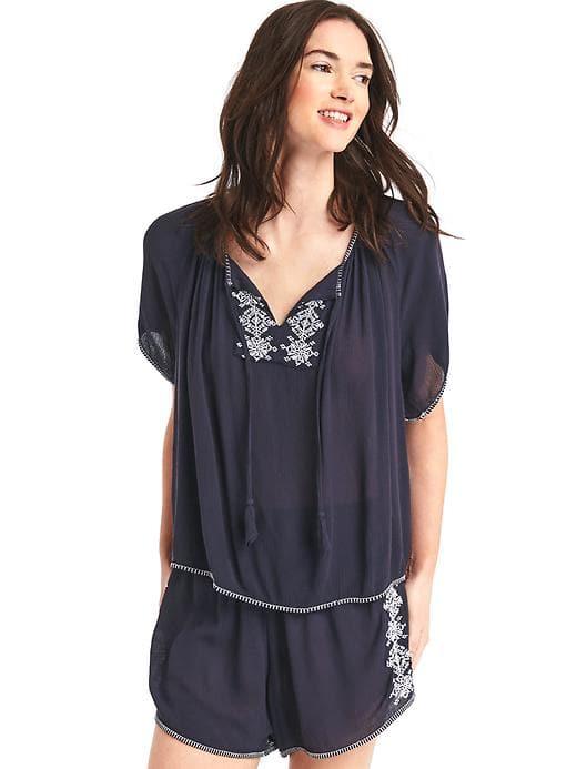 Gap Women Embroidered Split Neck Tassle Top - Dark Indigo