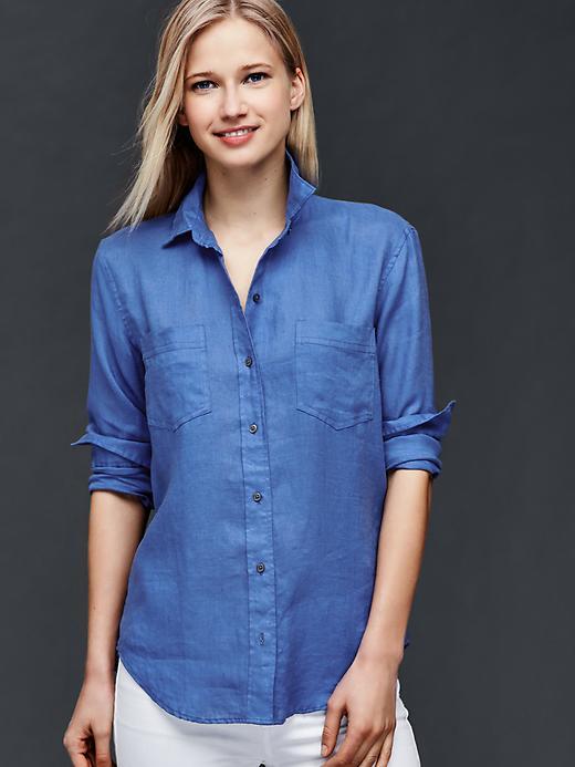 Gap Women Linen Boyfriend Shirt - Dutch Blue