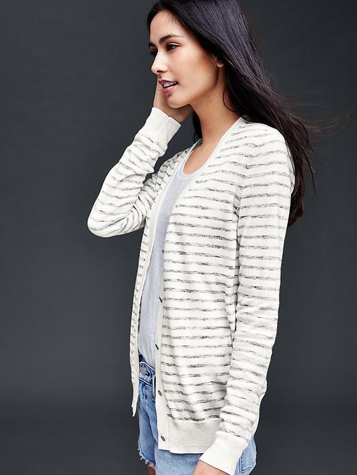 Gap Women Cotton Stripe V Neck Cardigan - Heather Grey Stripe