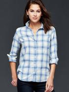 Gap Women Flannel Plaid Fitted Boyfriend Shirt - Blue Plaid