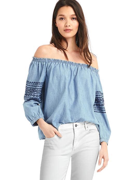 Gap Women Embroidered Off The Shoulder Top - Light Indigo